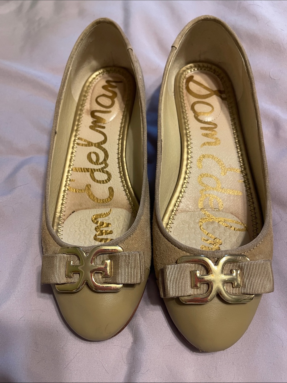 Sam Edelman Neutral Bow Accent Ballet Flats in Oatmeal Suede, size 8